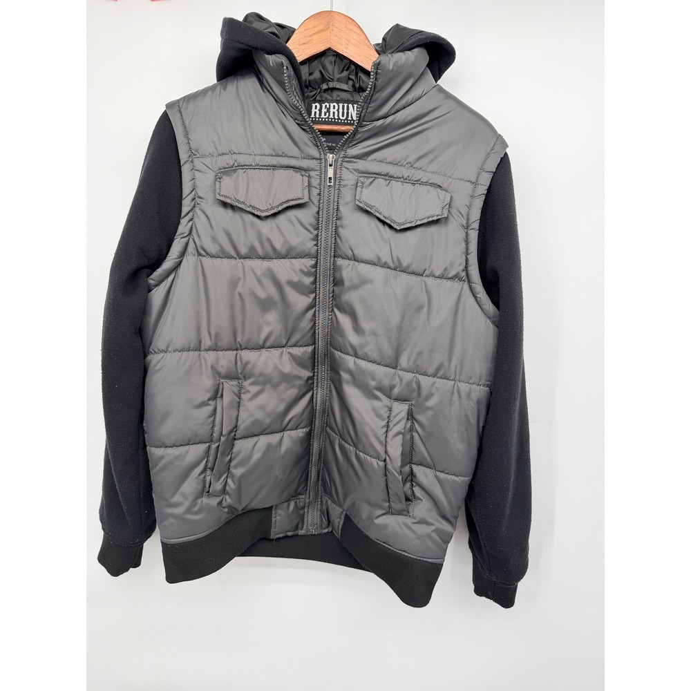 Rerun Puffer Jacket Men Medium Grey Black Hooded Mixed Media Good Quilted Zip